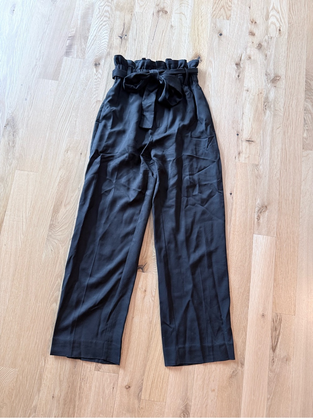 High-Rise Black Paperbag Wide-Leg Pants with Belt